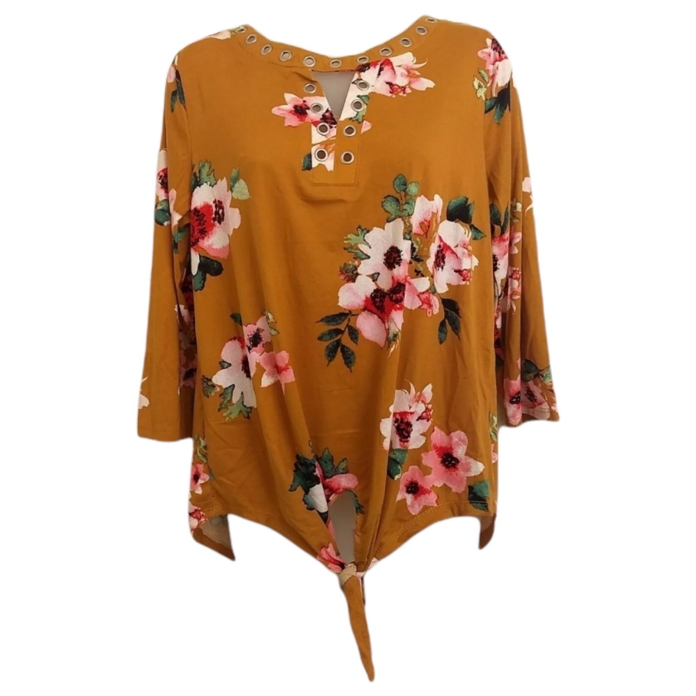New York Laundry Women's Rust Orange/ Yellow Floral 3/4 Sleeve Top Size M